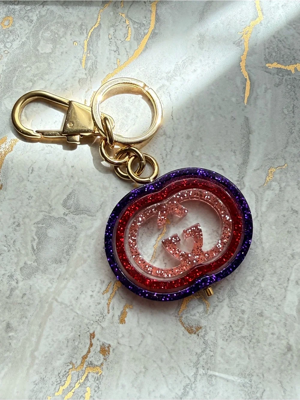 Gucci Interlocking G Glitter Resin Keychain Bag Charm Purple Red Pink Gold